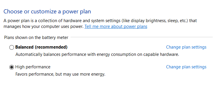 Windows power plan settings