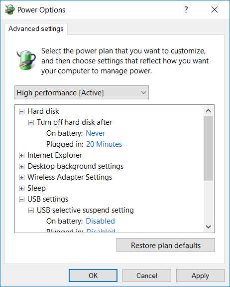 Windows advanced power options