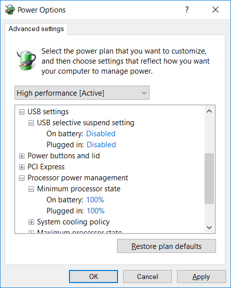 Windows advanced power options